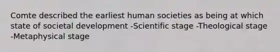 Comte described the earliest human societies as being at which state of societal development -Scientific stage -Theological stage -Metaphysical stage