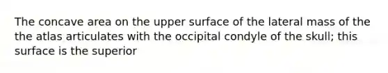 The concave area on the upper surface of the lateral mass of the the atlas articulates with the occipital condyle of the skull; this surface is the superior