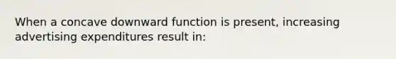 When a concave downward function is present, increasing advertising expenditures result in: