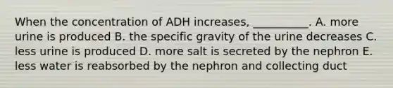 When the concentration of ADH increases, __________. A. more urine is produced B. the specific gravity of the urine decreases C. less urine is produced D. more salt is secreted by the nephron E. less water is reabsorbed by the nephron and collecting duct