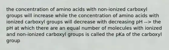 the concentration of amino acids with non-ionized carboxyl groups will increase while the concentration of amino acids with ionized carboxyl groups will decrease with decreasing pH --> the pH at which there are an equal number of molecules with ionized and non-ionized carboxyl groups is called the pKa of the carboxyl group