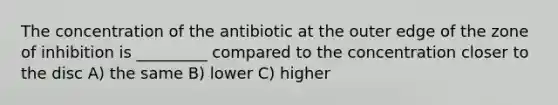 The concentration of the antibiotic at the outer edge of the zone of inhibition is _________ compared to the concentration closer to the disc A) the same B) lower C) higher