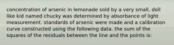 concentration of arsenic in lemonade sold by a very small, doll like kid named chucky was determined by absorbance of light measurement. standards of arsenic were made and a calibration curve constructed using the following data. the sum of the squares of the residuals between the line and the points is: