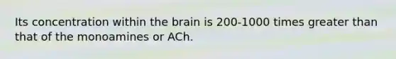 Its concentration within the brain is 200-1000 times greater than that of the monoamines or ACh.