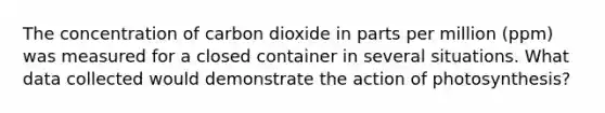 The concentration of carbon dioxide in parts per million (ppm) was measured for a closed container in several situations. What data collected would demonstrate the action of photosynthesis?