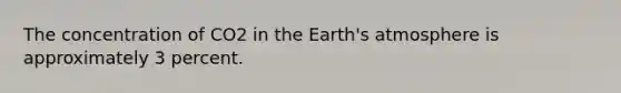 The concentration of CO2 in the Earth's atmosphere is approximately 3 percent.