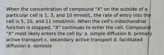 When the concentration of compound "X" on the outside of a particular cell is 1, 3, and 10 mmol/L, the rate of entry into the cell is 5, 10, and 11 nmol/min. When the cell's mitochondrial function is stopped, "X" continues to enter the cell. Compound "X" most likely enters the cell by: a. simple diffusion b. primary active transport c. secondary active transport d. facilitated diffusion e. osmosis