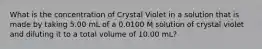 What is the concentration of Crystal Violet in a solution that is made by taking 5.00 mL of a 0.0100 M solution of crystal violet and diluting it to a total volume of 10.00 mL?