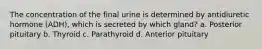 The concentration of the final urine is determined by antidiuretic hormone (ADH), which is secreted by which gland? a. Posterior pituitary b. Thyroid c. Parathyroid d. Anterior pituitary