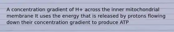 A concentration gradient of H+ across the inner mitochondrial membrane It uses the energy that is released by protons flowing down their concentration gradient to produce ATP