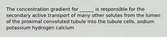 The concentration gradient for ______ is responsible for the secondary active transport of many other solutes from the lumen of the proximal convoluted tubule into the tubule cells. sodium potassium hydrogen calcium