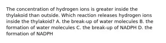 The concentration of hydrogen ions is greater inside the thylakoid than outside. Which reaction releases hydrogen ions inside the thylakoid? A. the break-up of water molecules B. the formation of water molecules C. the break-up of NADPH D. the formation of NADPH