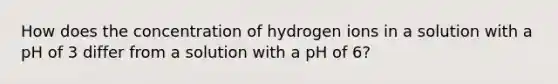 How does the concentration of hydrogen ions in a solution with a pH of 3 differ from a solution with a pH of 6?