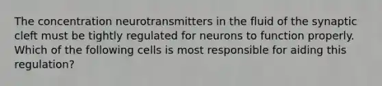 The concentration neurotransmitters in the fluid of the synaptic cleft must be tightly regulated for neurons to function properly. Which of the following cells is most responsible for aiding this regulation?