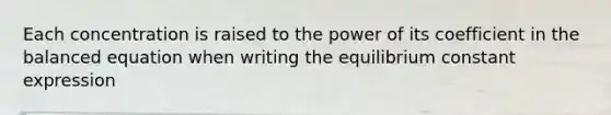 Each concentration is raised to the power of its coefficient in the balanced equation when writing the equilibrium constant expression