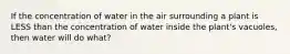 If the concentration of water in the air surrounding a plant is LESS than the concentration of water inside the plant's vacuoles, then water will do what?