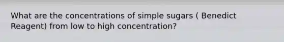 What are the concentrations of simple sugars ( Benedict Reagent) from low to high concentration?