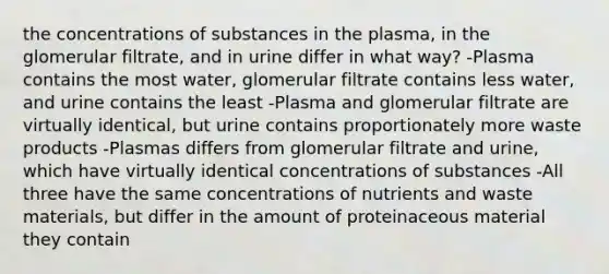 the concentrations of substances in the plasma, in the glomerular filtrate, and in urine differ in what way? -Plasma contains the most water, glomerular filtrate contains less water, and urine contains the least -Plasma and glomerular filtrate are virtually identical, but urine contains proportionately more waste products -Plasmas differs from glomerular filtrate and urine, which have virtually identical concentrations of substances -All three have the same concentrations of nutrients and waste materials, but differ in the amount of proteinaceous material they contain