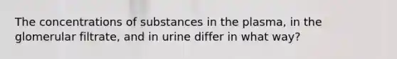 The concentrations of substances in the plasma, in the glomerular filtrate, and in urine differ in what way?