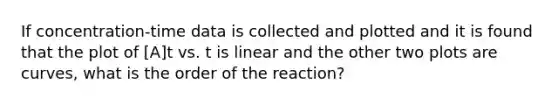 If concentration-time data is collected and plotted and it is found that the plot of [A]t vs. t is linear and the other two plots are curves, what is the order of the reaction?