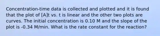 Concentration-time data is collected and plotted and it is found that the plot of [A]t vs. t is linear and the other two plots are curves. The initial concentration is 0.10 M and the slope of the plot is -0.34 M/min. What is the rate constant for the reaction?