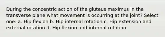 During the concentric action of the gluteus maximus in the transverse plane what movement is occurring at the joint? Select one: a. Hip flexion b. Hip internal rotation c. Hip extension and external rotation d. Hip flexion and internal rotation