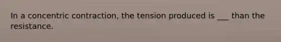 In a concentric contraction, the tension produced is ___ than the resistance.