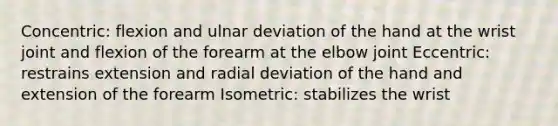 Concentric: flexion and ulnar deviation of the hand at the wrist joint and flexion of the forearm at the elbow joint Eccentric: restrains extension and radial deviation of the hand and extension of the forearm Isometric: stabilizes the wrist