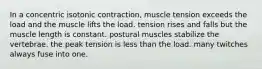 In a concentric isotonic contraction, muscle tension exceeds the load and the muscle lifts the load. tension rises and falls but the muscle length is constant. postural muscles stabilize the vertebrae. the peak tension is less than the load. many twitches always fuse into one.