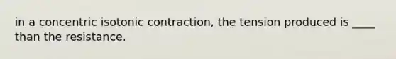 in a concentric isotonic contraction, the tension produced is ____ than the resistance.