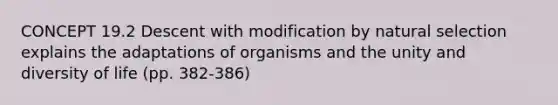 CONCEPT 19.2 Descent with modification by natural selection explains the adaptations of organisms and the unity and diversity of life (pp. 382-386)