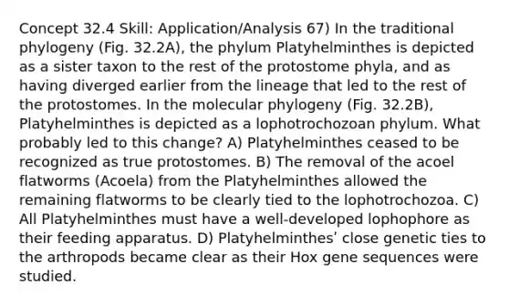 Concept 32.4 Skill: Application/Analysis 67) In the traditional phylogeny (Fig. 32.2A), the phylum Platyhelminthes is depicted as a sister taxon to the rest of the protostome phyla, and as having diverged earlier from the lineage that led to the rest of the protostomes. In the molecular phylogeny (Fig. 32.2B), Platyhelminthes is depicted as a lophotrochozoan phylum. What probably led to this change? A) Platyhelminthes ceased to be recognized as true protostomes. B) The removal of the acoel flatworms (Acoela) from the Platyhelminthes allowed the remaining flatworms to be clearly tied to the lophotrochozoa. C) All Platyhelminthes must have a well-developed lophophore as their feeding apparatus. D) Platyhelminthesʹ close genetic ties to the arthropods became clear as their Hox gene sequences were studied.