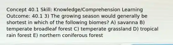 Concept 40.1 Skill: Knowledge/Comprehension Learning Outcome: 40.1 3) The growing season would generally be shortest in which of the following biomes? A) savanna B) temperate broadleaf forest C) temperate grassland D) tropical rain forest E) northern coniferous forest