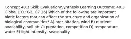 Concept 40.3 Skill: Evaluation/Synthesis Learning Outcome: 40.3 Global L.O.: G2, G7 26) Which of the following are important biotic factors that can affect the structure and organization of biological communities? A) precipitation, wind B) nutrient availability, soil pH C) predation, competition D) temperature, water E) light intensity, seasonality