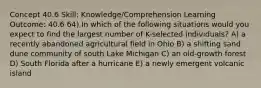 Concept 40.6 Skill: Knowledge/Comprehension Learning Outcome: 40.6 64) In which of the following situations would you expect to find the largest number of K-selected individuals? A) a recently abandoned agricultural field in Ohio B) a shifting sand dune community of south Lake Michigan C) an old-growth forest D) South Florida after a hurricane E) a newly emergent volcanic island