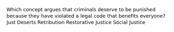 Which concept argues that criminals deserve to be punished because they have violated a legal code that benefits everyone? Just Deserts Retribution Restorative Justice Social Justice