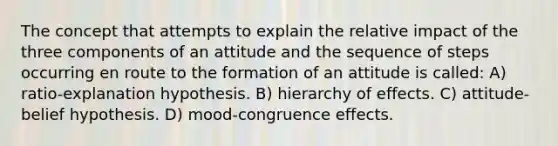 The concept that attempts to explain the relative impact of the three components of an attitude and the sequence of steps occurring en route to the formation of an attitude is called: A) ratio-explanation hypothesis. B) hierarchy of effects. C) attitude-belief hypothesis. D) mood-congruence effects.