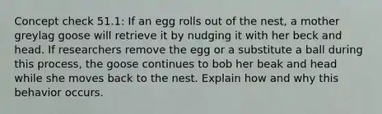 Concept check 51.1: If an egg rolls out of the nest, a mother greylag goose will retrieve it by nudging it with her beck and head. If researchers remove the egg or a substitute a ball during this process, the goose continues to bob her beak and head while she moves back to the nest. Explain how and why this behavior occurs.