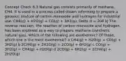 Concept Check 6.3 Natural gas consists primarily of methane, CH4. It is used in a process called steam reforming to prepare a gaseous mixture of carbon monoxide and hydrogen for industrial use. CH4(g) + H2O(g) = CO(g) + 3H2(g); Delta H = 206 kJ The reverse reaction, the reaction of carbon monoxide and hydrogen, has been explored as a way to prepare methane (synthetic natural gas). Which of the following are exothermic? Of these, which one is the most exothermic? a CH4(g) + H2O(g) = CO(g) + 3H2(g) b 2CH4(g) + 2H2O(g) = 2CO(g) + 6H2(g) c CO(g) + 3H2(g) = CH4(g) + H2O(g) d 2CO(g) + 6H2(g) = 2CH4(g) + 2H2O(g)