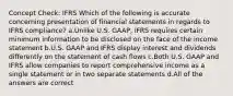 Concept Check: IFRS Which of the following is accurate concerning presentation of financial statements in regards to IFRS compliance? a.Unlike U.S. GAAP, IFRS requires certain minimum information to be disclosed on the face of the income statement b.U.S. GAAP and IFRS display interest and dividends differently on the statement of cash flows c.Both U.S. GAAP and IFRS allow companies to report comprehensive income as a single statement or in two separate statements d.All of the answers are correct