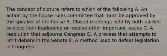 The concept of cloture refers to which of the following A. An action by the house rules committee that must be approved by the speaker of the house B. Closed meetings held by both parties to elect their leadership or resolve other important issues C. A resolution that adjourns Congress D. A process that attempts to limit debate in the Senate E. A method used to defeat legislation in Congress