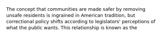 The concept that communities are made safer by removing unsafe residents is ingrained in American tradition, but correctional policy shifts according to legislators' perceptions of what the public wants. This relationship is known as the​