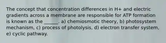 The concept that concentration differences in H+ and electric gradients across a membrane are responsible for ATP formation is known as the ______. a) chemiosmotic theory, b) photosystem mechanism, c) process of photolysis, d) electron transfer system, e) cyclic pathway.