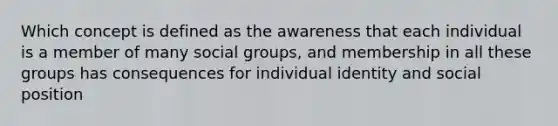 Which concept is defined as the awareness that each individual is a member of many social groups, and membership in all these groups has consequences for individual identity and social position