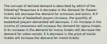 The concept of derived demand is described by which of the following? Responses A A decrease in the demand for theater tickets will decrease the demand for actresses and actors. B If the salaries of basketball players increase, the quantity of basketball players demanded will decrease. C An increase in the income of consumers will increase the demand for opera tickets. D An increase in the demand for movie tickets will decrease the demand for video rentals. E A decrease in the price of movie tickets will increase the demand for movie tickets.