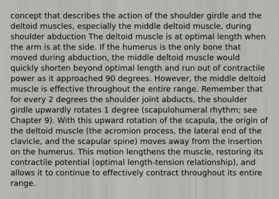 concept that describes the action of the shoulder girdle and the deltoid muscles, especially the middle deltoid muscle, during shoulder abduction The deltoid muscle is at optimal length when the arm is at the side. If the humerus is the only bone that moved during abduction, the middle deltoid muscle would quickly shorten beyond optimal length and run out of contractile power as it approached 90 degrees. However, the middle deltoid muscle is effective throughout the entire range. Remember that for every 2 degrees the shoulder joint abducts, the shoulder girdle upwardly rotates 1 degree (scapulohumeral rhythm; see Chapter 9). With this upward rotation of the scapula, the origin of the deltoid muscle (the acromion process, the lateral end of the clavicle, and the scapular spine) moves away from the insertion on the humerus. This motion lengthens the muscle, restoring its contractile potential (optimal length-tension relationship), and allows it to continue to effectively contract throughout its entire range.