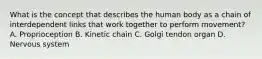 What is the concept that describes the human body as a chain of interdependent links that work together to perform movement? A. Proprioception B. Kinetic chain C. Golgi tendon organ D. Nervous system