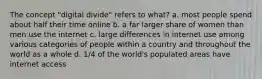 The concept "digital divide" refers to what? a. most people spend about half their time online b. a far larger share of women than men use the internet c. large differences in internet use among various categories of people within a country and throughout the world as a whole d. 1/4 of the world's populated areas have internet access