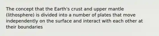 The concept that the Earth's crust and upper mantle (lithosphere) is divided into a number of plates that move independently on the surface and interact with each other at their boundaries