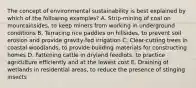 The concept of environmental sustainability is best explained by which of the following examples? A. Strip-mining of coal on mountainsides, to keep miners from working in underground conditions B. Terracing rice paddies on hillsides, to prevent soil erosion and provide gravity-fed irrigation C. Clear-cutting trees in coastal woodlands, to provide building materials for constructing homes D. Fattening cattle in dryland feedlots, to practice agriculture efficiently and at the lowest cost E. Draining of wetlands in residential areas, to reduce the presence of stinging insects